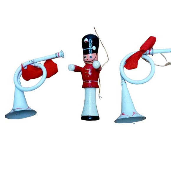 🎺 Vintage Christmas Ornaments🎄📯 Set 3pc Toy Trumpet + Soldier - Picture 2 of 14